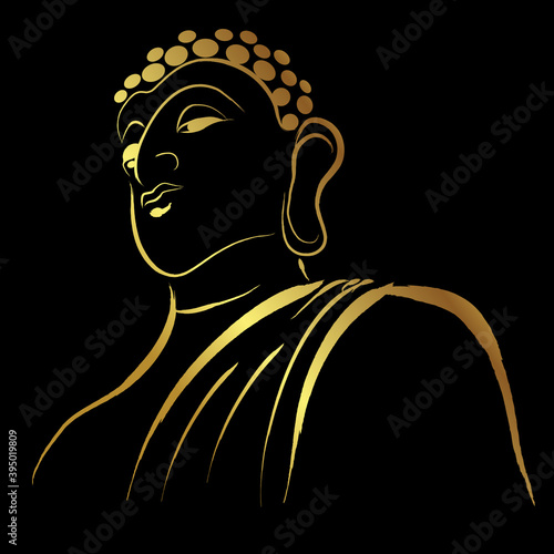 Golden buddha head with golden border paint brush isolate on black