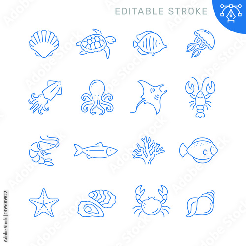 Sea life related icons. Editable stroke. Thin vector icon set