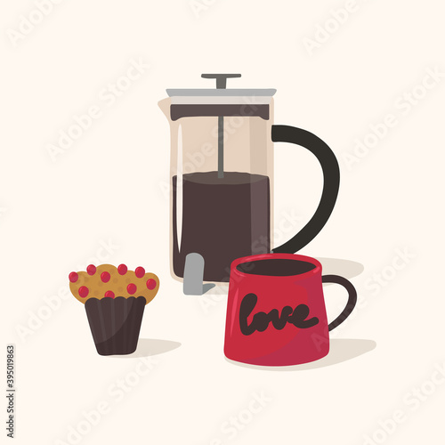 Coffee with muffins poster. Illustration of coffee drinks with dessert for cafe or cooking. Hand drawing in flat style coffee maker, mug, muffin with berries. Picture with symbols of hot drink and