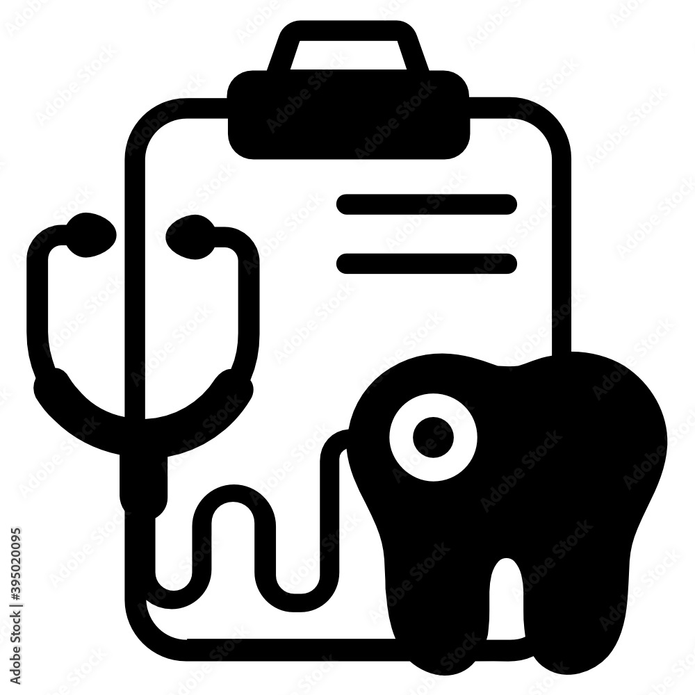 Tooth with stethoscope and clipboard, dental report icon
Tooth with stethoscope and clipboard, dental report icon