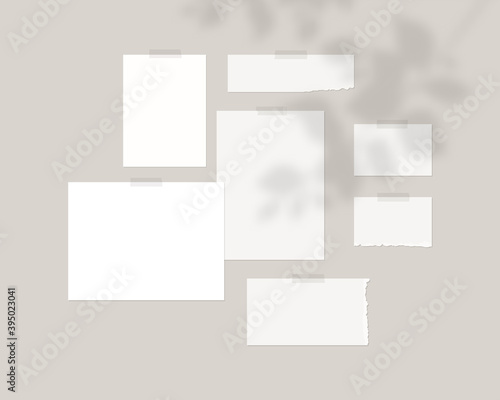 Mood board mockup template. Empty sheets of white paper on the wall with shadow overlay. Mockup vector isolated. Template design. Realistic vector illustration.