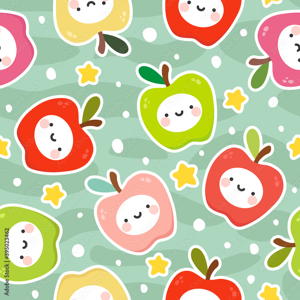 Cute apple fruit kawaii face seamless pattern, abstract repeated cartoon background, vector illustration Cute apple fruit kawaii face seamless pattern, abstract repeated cartoon background, vector illustration
