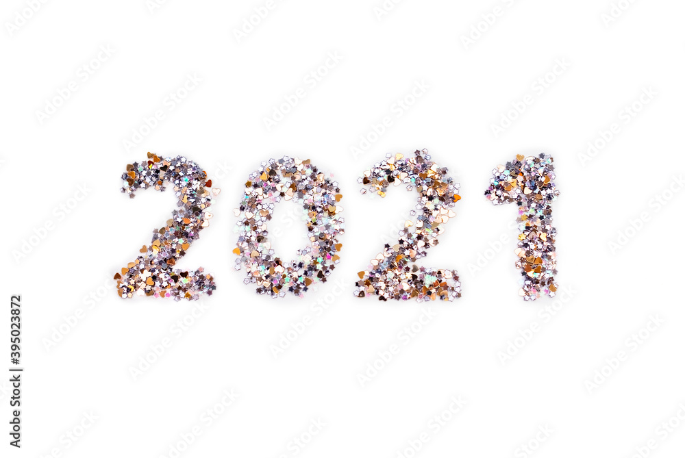 Figures 2021 made of glitter on white background