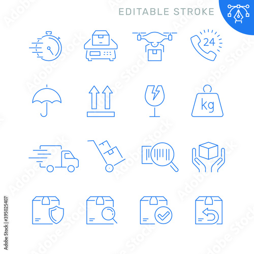 Shipping and delivery related icons. Editable stroke. Thin vector icon set
