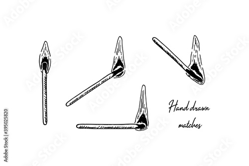 Set of hand drawn burning matches isolated on white background. Vector illustration in sketch style