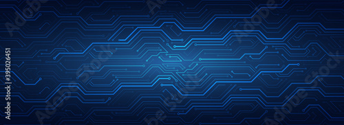 Hi tech circuit board design innovation concept. Abstract futuristic wide communication vector illustration. Sci fi technology on the blue background.
