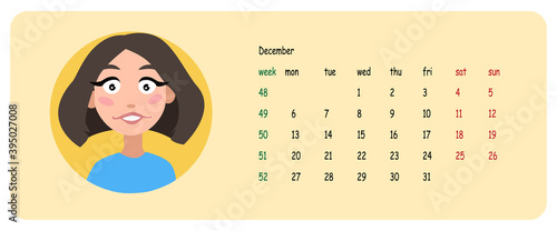 Female user profile. Calendar for the month of december 2021. A character for a screen saver with emotions. Vector illustration.