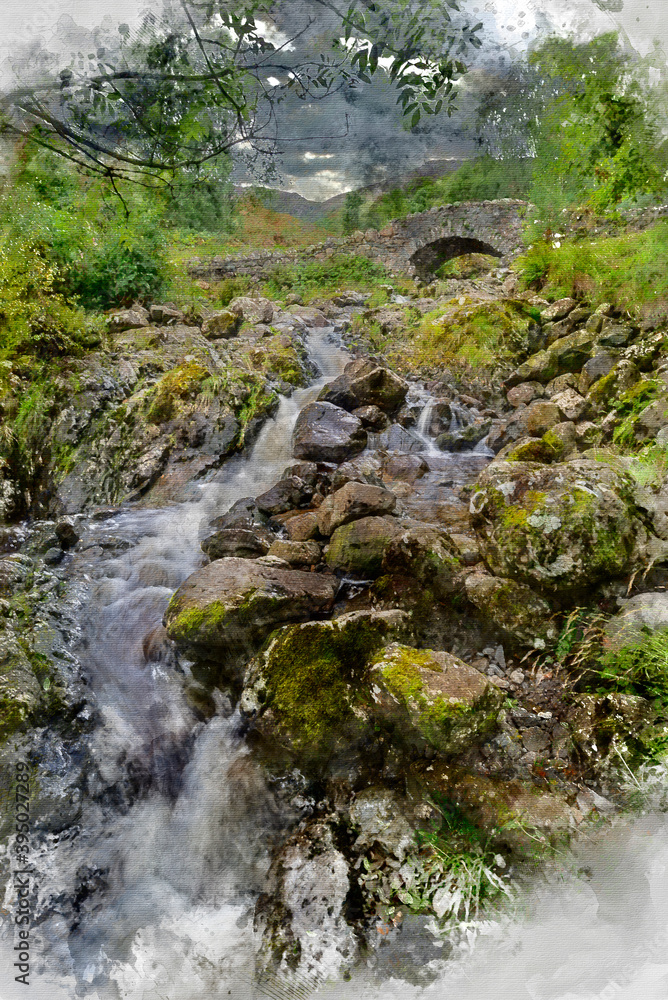 Digital watercolor painting of Stunning long exposure landscape image of Ashness Bridge in English Lake District during late Summer afternoon with dramatic lighting Digital watercolor painting of Stunning long exposure landscape image of Ashness Bridge in English Lake District during late Summer afternoon with dramatic lighting