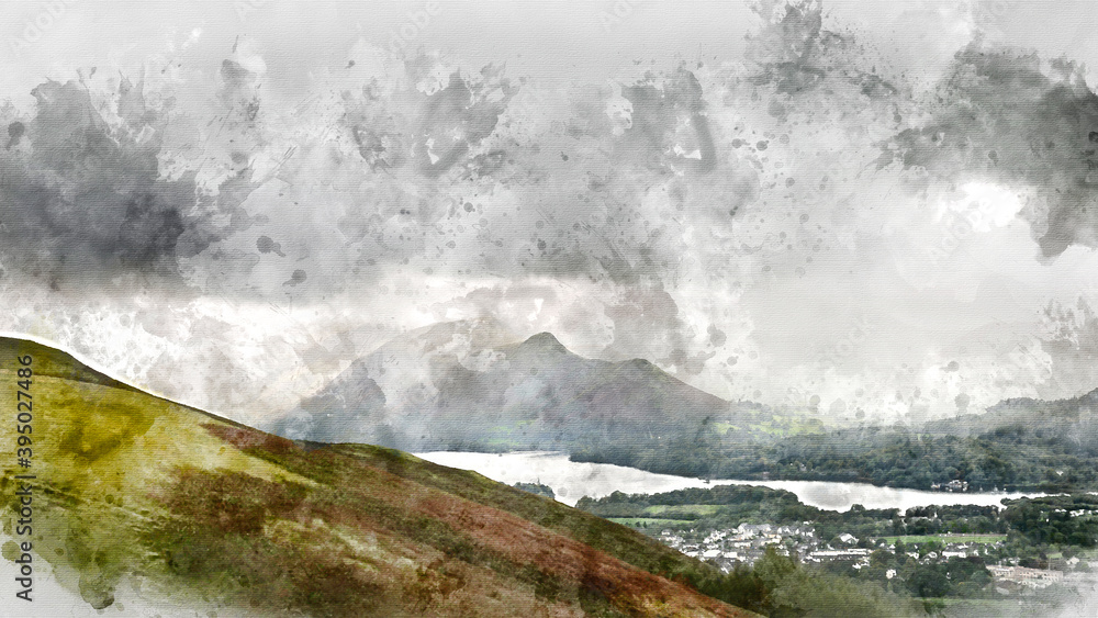 Obraz premium Digital watercolor painting of Stunning epic landscape image across Derwentwater valley with falling rain drifting across the mountains causing pokcets of light and dark across the countryside