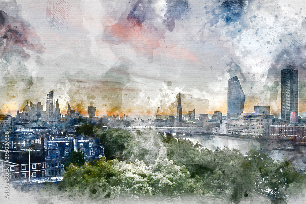 Digital watercolor painting of Stunning beautiful landscape cityscape skyline image of London in England during colorful Autumn sunrise
