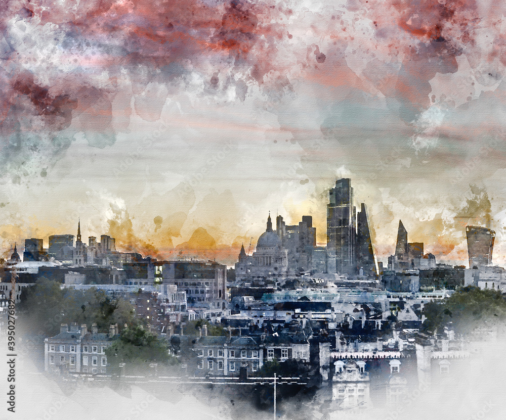 Fototapeta premium Digital watercolor painting of Stunning beautiful landscape cityscape skyline image of London in England during colorful Autumn sunrise
