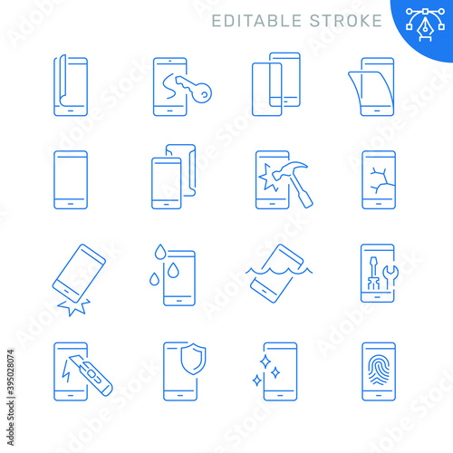 Smartphone protection related icons. Editable stroke. Thin vector icon set