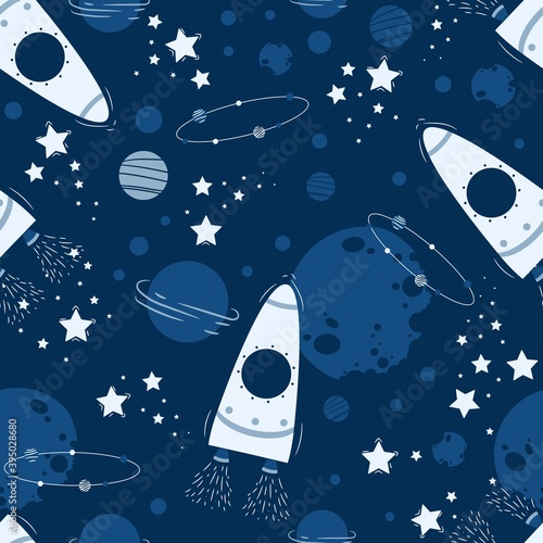 Space seamless pattern. Planets, rockets and stars