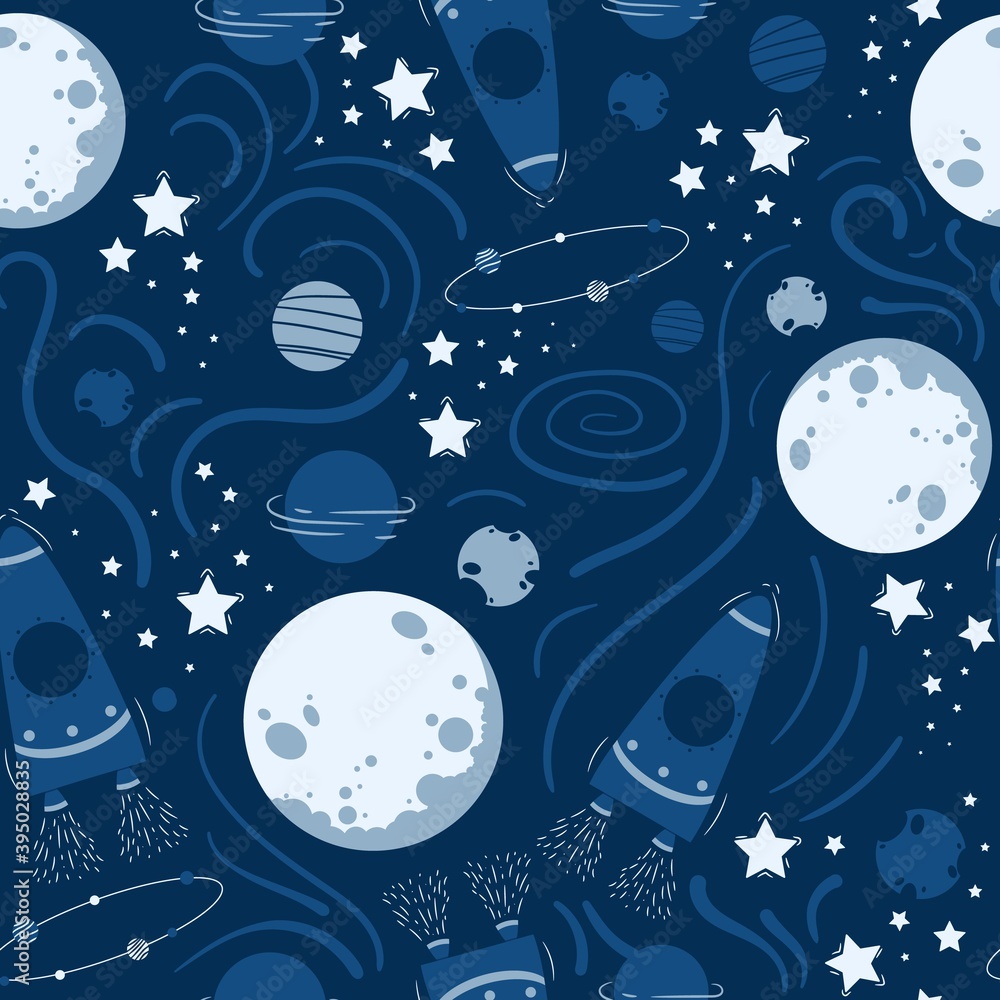 Fototapeta premium Space seamless pattern. Planets, rockets and stars