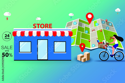 Business concept of offline shopping, young women ride a bicycle to pick up the goods at store in a background of map and marker in perspective view.