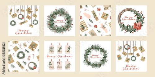 Set of square christmas cards, invitation. Presents in kraft paper and wreaths. Rustic gift box. Eco decoration. Xmas and New 2021 Year celebration preparation. Vector flat cartoon style
