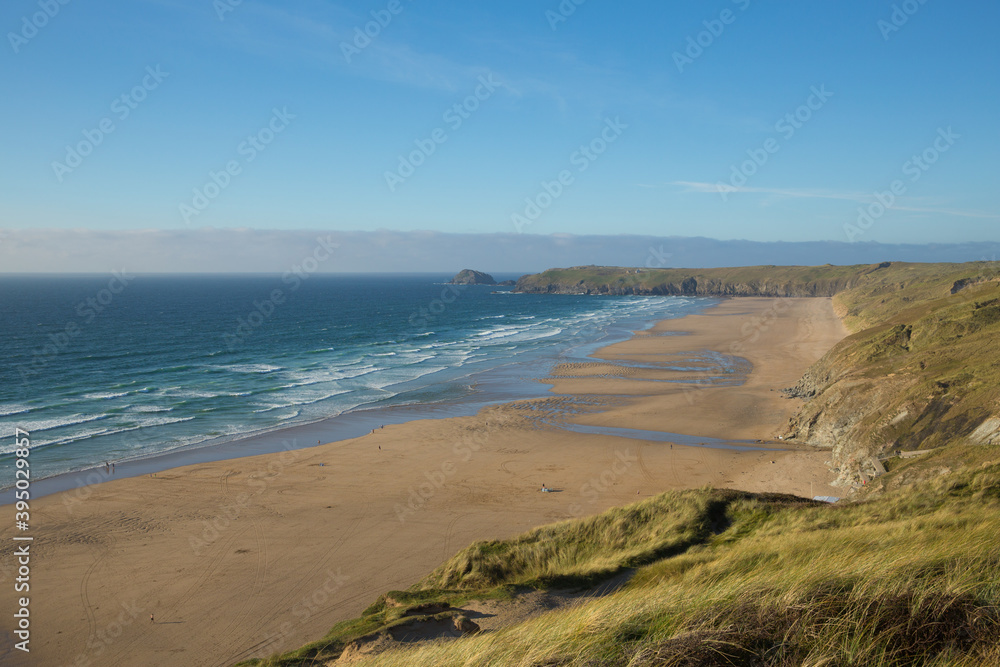 Perran Sands beach Perranporth Cornwall with sand dunes Perran Sands beach Perranporth Cornwall with sand dunes