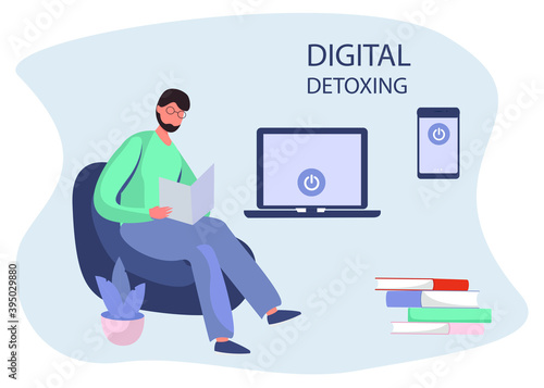 Digital Detox and Gadget Disconnecting.Character Threws Phones in the Trash.Man Turned off Smartphone,Laptop and Reading Newspaper.Escape from Internet and Digital Media Addiction.Vector Illustration