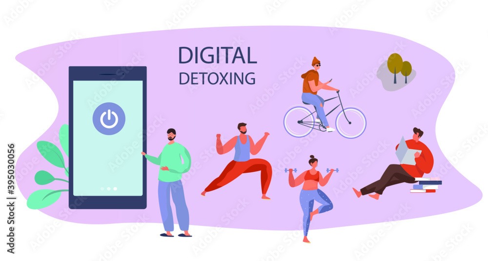 Digital Detox and Gadget Disconnecting.Characters Threw in Trash or Turned off  Smartphones and Reading Books and do Sport and Yoga. Escape from Internet and Digital Media Addiction.Vector Illustratio