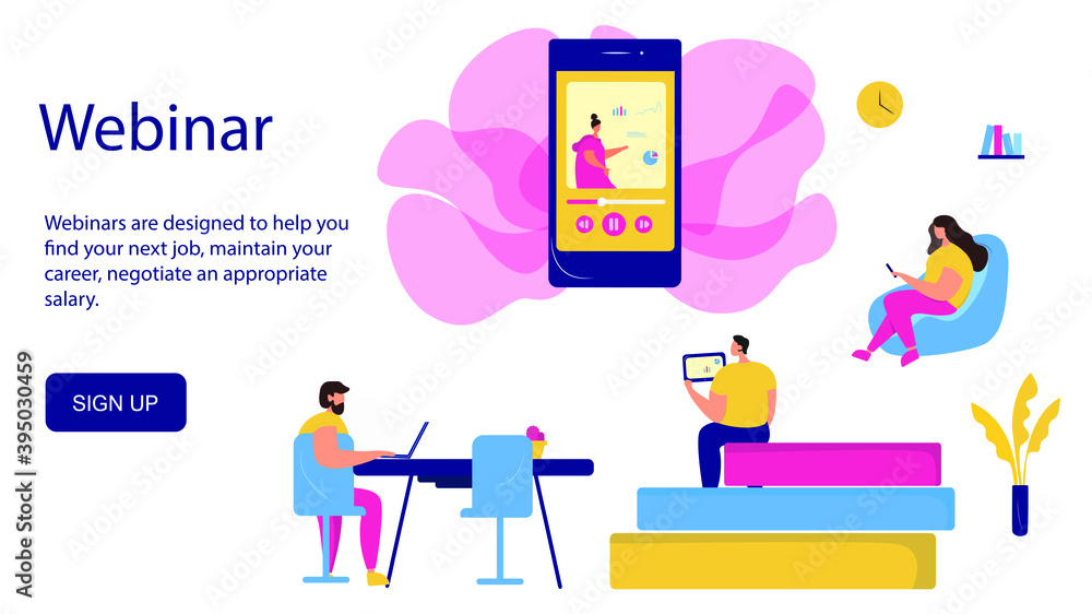 Online Webinar.Freelancers Working With Laptop,Computer,Online Courses or Learning Languages and Watching a Webinar.Online Education Concept.Online Teacher on Huge Phone Monitor.Vector illustration