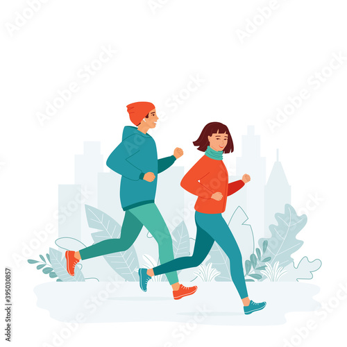 Young man and woman in sporty clothes runs. Family active healthy lifestyle concept, leisure activity, weekend, city marathon, competition. Morning, evening jogging. Isolated vector illustration