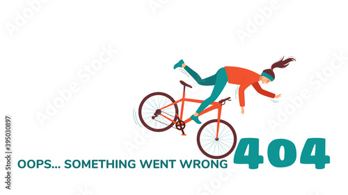 Funny 404 design template with a cyclist falling from a bicycle. Concept of unusual original vector illustration for error page. Oops ... Something went wrong. Isolated on white background