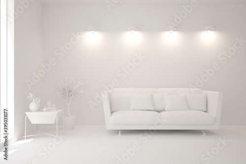 White minimalist living room with sofa. Scandinavian interior design. 3D illustration