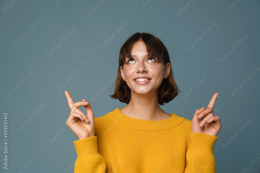 Impressed lady showing recommendation isolated Impressed lady showing recommendation isolated