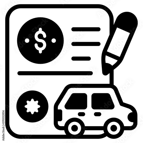 
Banking statement with lending amount for purchasing automobile, car loan icon in solid style 
