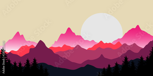vector landscape illustration design template, with pictures of beautiful mountains and trees © wonderfulldesign7