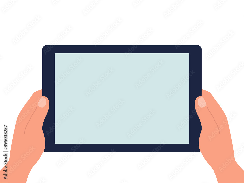 Hands holding a tablet with a blank screen on a white isolated background. Vector flat illustration Hands holding a tablet with a blank screen on a white isolated background. Vector flat illustration