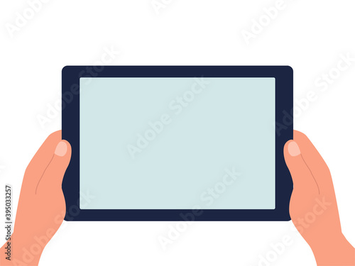 Hands holding a tablet with a blank screen on a white isolated background. Vector flat illustration