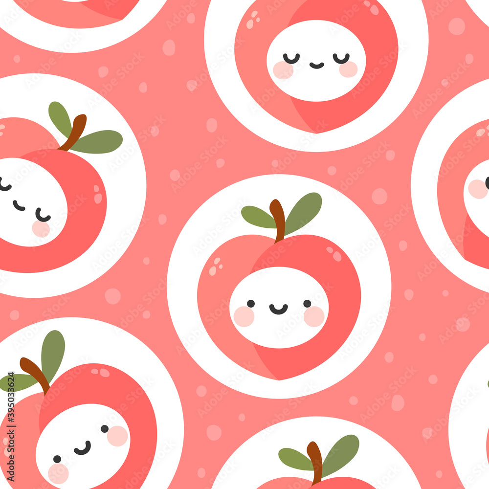 Cute peach fruit kawaii face seamless pattern, abstract repeated cartoon  background, vector illustration Stock Vector | Adobe Stock