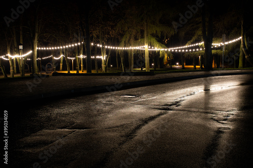 Park or garden with warm light bulbs  street lamps at evening or night  decorative illumination  celebration  cozy Christmas background  wet road or street after the rain