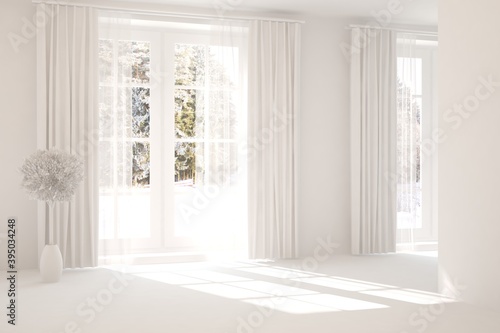 Empty room in white color. Scandinavian interior design. 3D illustration