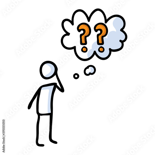 Hand drawn stickman confused with speech bubble question mark. Simple outline curious doodle icon clipart. For question support clipart. 