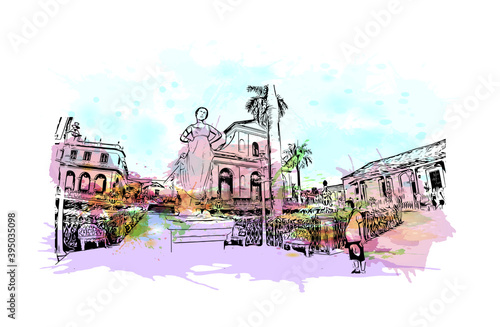 Building view with landmark of Cienfuegosis the 
city of Cuba. Watercolour splash with hand drawn sketch illustration in vector.