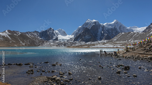 Gurudongmar Lake with zemu glacier in the background at Sikkim India
