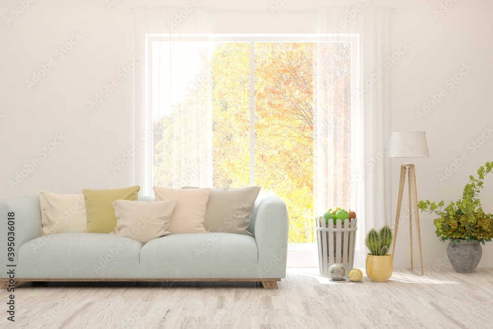 Stylish room in white color with sofa and autumn landscape in window. Scandinavian interior design. 3D illustration Stylish room in white color with sofa and autumn landscape in window. Scandinavian interior design. 3D illustration