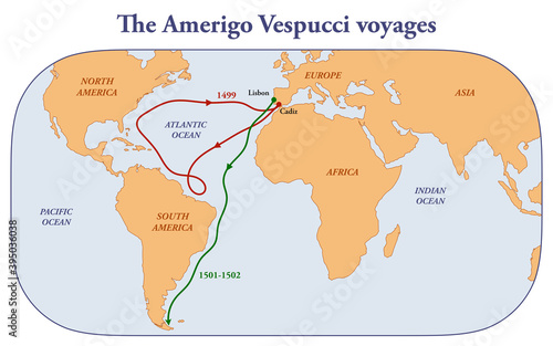 The route of Amerigo Vespucci for the exploration of the New World