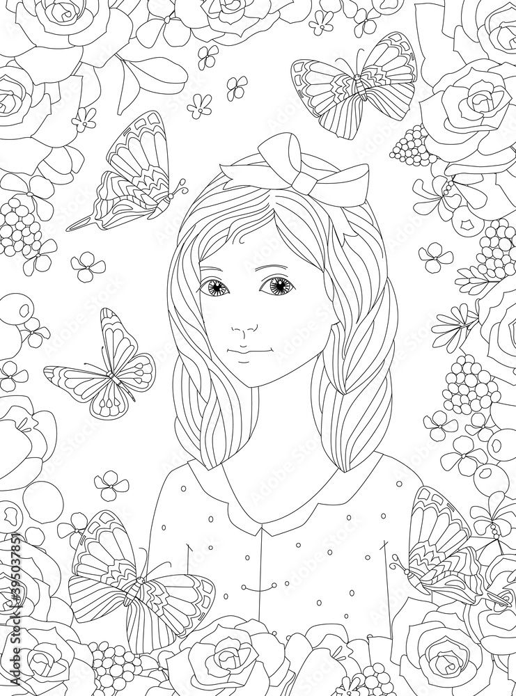 nice girl with bow surrounded flowers and flying butterflies for nice girl with bow surrounded flowers and flying butterflies for