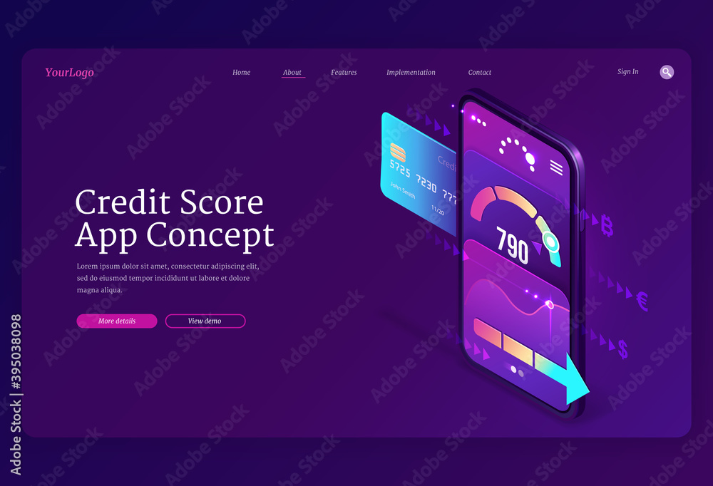 Credit score isometric landing page, bank consumer rating on smartphone screen with application meter. Loan approval and personal risk control banking mobile service, 3d vector web banner template Credit score isometric landing page, bank consumer rating on smartphone screen with application meter. Loan approval and personal risk control banking mobile service, 3d vector web banner template