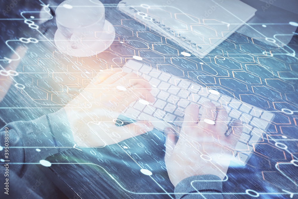 Double exposure of tech drawings with hands working on computer background. Concept of innovation. Double exposure of tech drawings with hands working on computer background. Concept of innovation.