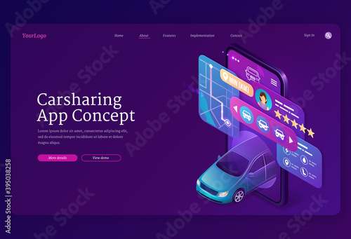 Carsharing app concept isometric landing page. Online car sharing mobile service, auto drive out of smartphone screen, city map and application for order transportation, 3d vector web banner template