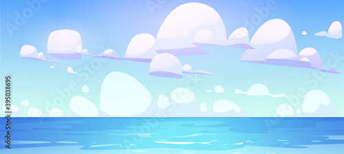 Sea landscape with calm water surface and clouds in blue sky. Vector cartoon illustration of ocean bay, harbor or lake. Summer scenery with tropical seascape and marine horizon