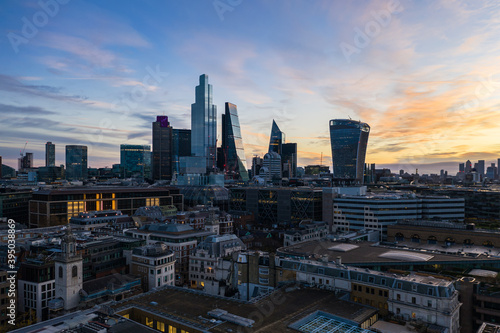 London Square mile drone view at sunrise 