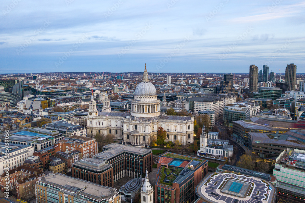 Aerial drone night shot of iconic landmark Saint Paul Cathedral in the heart of City financial district of London, United Kingdom
