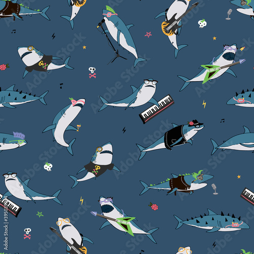 Sharks ocean animals rock music instruments hand drawn vector seamless pattern