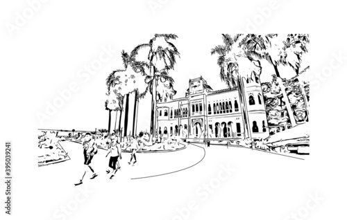 Building view with landmark of Cienfuegosis the 
city of Cuba. Hand drawn sketch illustration in vector.