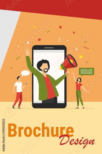 Influencer marketing concept. Male blogger with megaphone sharing information with audience on social media websites. Vector illustration for digital marketing, promotion, communication topics